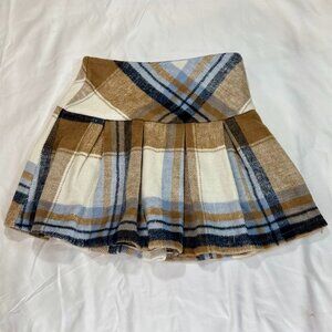 Francesca's Mini Skirt - Plaid/Pleated - Size XS - Ivory/Tan/Light & Dark Blue